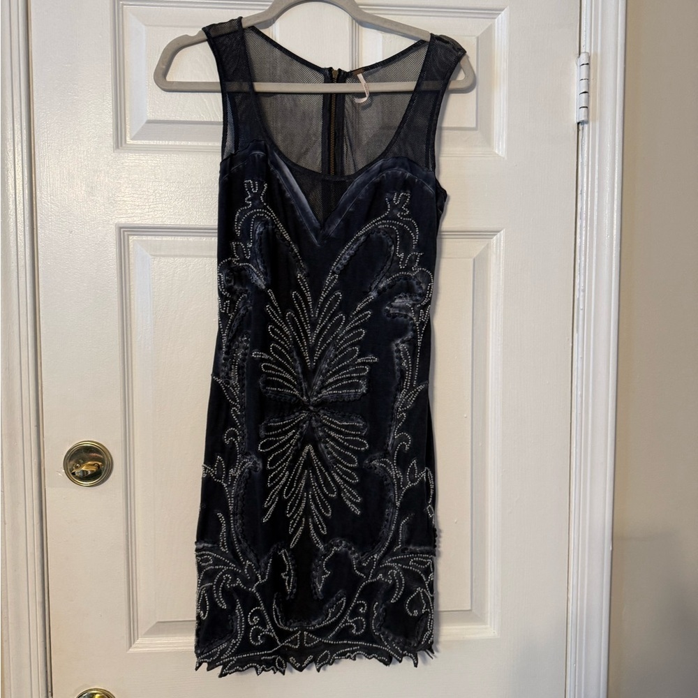 Free People Embellished Velvet Mini Dress - Navy Blue